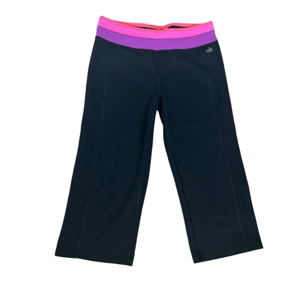 Alo Black & Pink Purple Colorblock Waist Activewear Capri Leggings Womens Medium